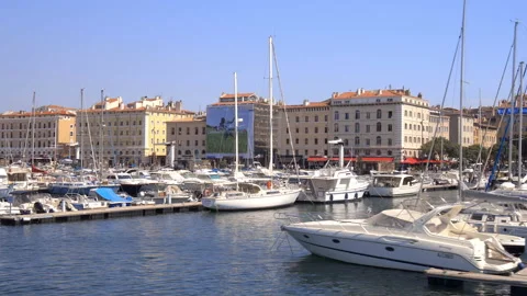 Long tracking shot over the Old Port of Marseille, France Stock Footage 155784067
