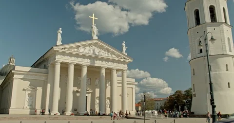 Long tracking shot, Vilnius St. Stanislav Cathedral Basilica and Belfry, summer Stock Footage 115616799