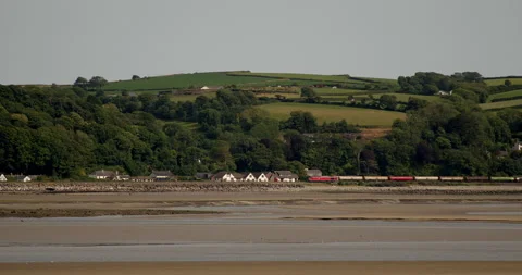 Long train driving past small village Stock Footage 227134871
