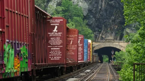 Long train with freight carriages passing under a bridge Video stock 150476434