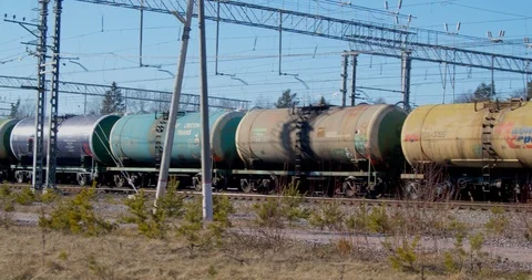 Long train with oil-filled tanks. Stock Footage 127119541