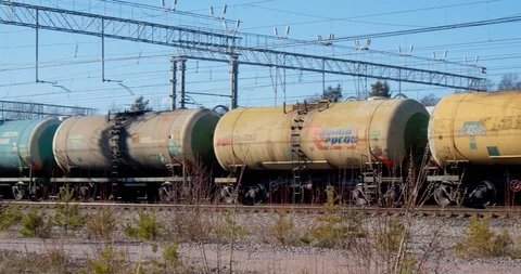 Long train with oil-filled tanks. Stock Footage 127183701