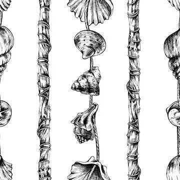 Long vertical garlands with seashells and beads in monochrome ink style, hand Illustrazione stock