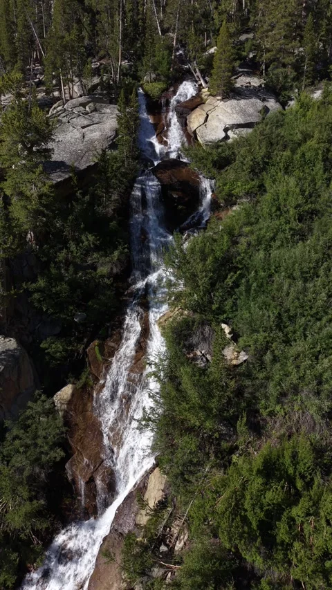 Long Vertical Pullback Reveals Full Multi-Tier Waterfall in Granite Forest Vídeos de archivo 338160884