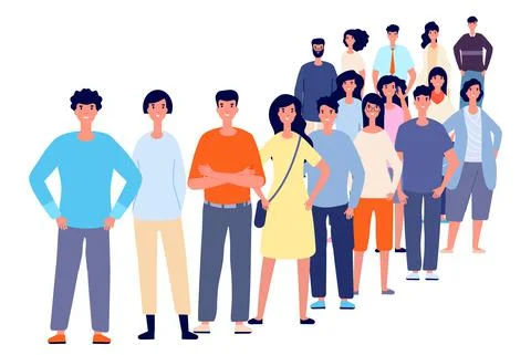 Long waiting line. People queue, crowd wait job interview. Young person stand Stock Illustration