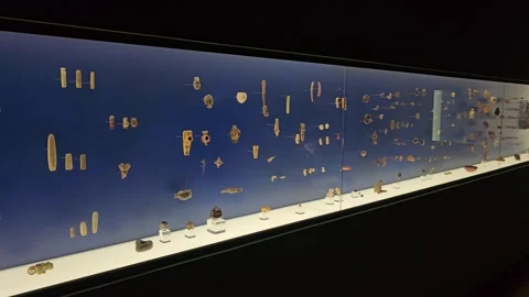 Long Wall Case of Small Gold and Stone Objects, Casa del Alabado, Quito, Ecuador Stock Footage 331549652