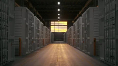 Long Warehouse Aisle Storage Lockers Dramatic Sunset Window View Stock Footage 337814619