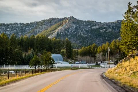 A long way down the road of Custer State Park, South Dakota Stock Photos