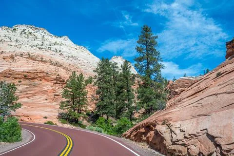 A long way down the road going to Zion National Park, Utah Stock Photos