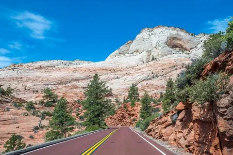 A long way down the road going to Zion National Park, Utah Stock Photos