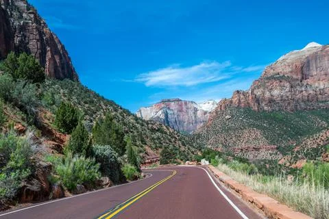 A long way down the road going to Zion National Park, Utah Stock Photos