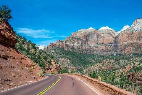 A long way down the road going to Zion National Park, Utah Stock Photos