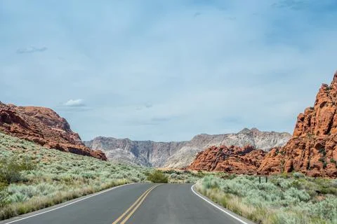 A long way down the road going to Zion National Park, Utah Stock Photos