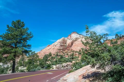 A long way down the road going to Zion National Park, Utah Stock Photos