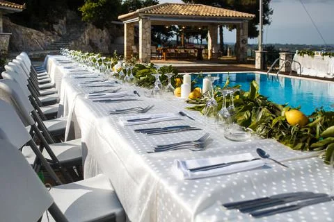 Long wedding table or another catered event dinner Stock Photos