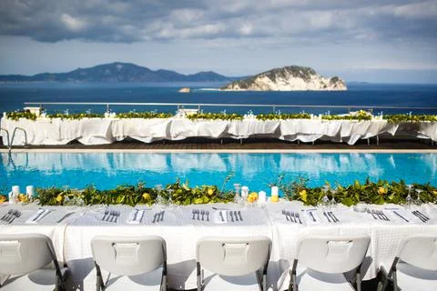 Long wedding table or another catered event dinner Stock Photos