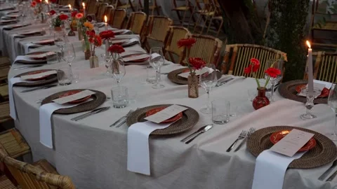 Long Wedding Table Set With Red Gerbera Flowers And Candles At Dusk 動画素材 343892630