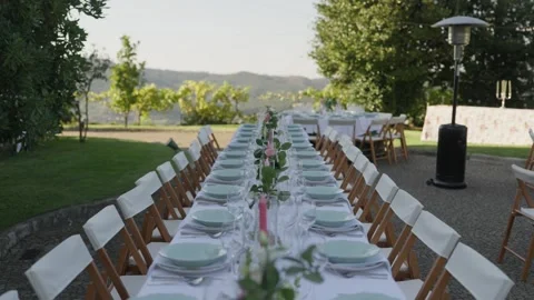 Long Wedding Table With White Chairs on Garden Lawn Stock Footage 346787189
