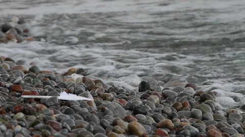 Long white feather on stone beach with waves. HD 1080p 24fps. Stock Footage 22732209