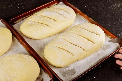 Long white loaf bread in pan ready for baking. Stock Photos