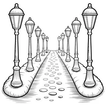 A long winding cobblestone path lined with ornate street lamps Stock Illustration
