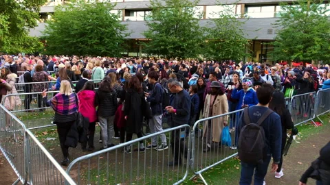 The long winding queue at Tower Bridge. Mourners queuing up. Stock Footage 210894545