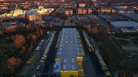 Long yellow DHL distribution center Berlin. Great aerial view flight drone Stock Footage 321819859