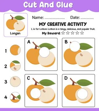 Longan Cut and Match Vector Worksheet, Preschool Learning Activity with Nam.. Stock Illustration