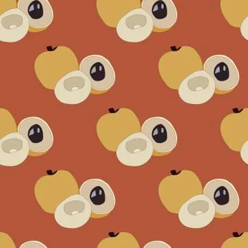 Longan seamless pattern on brown color. longan fruit and slices with seeds Stock Illustration