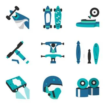 Longboard elements flat color vector icons Stock Illustration