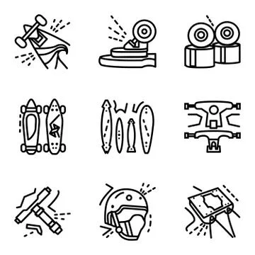 Longboard simple line vector icons set Stock Illustration