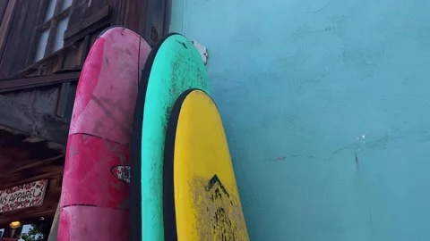 Longboard Surfboards stacked outside Surf Shop Stock-Footage 200049064