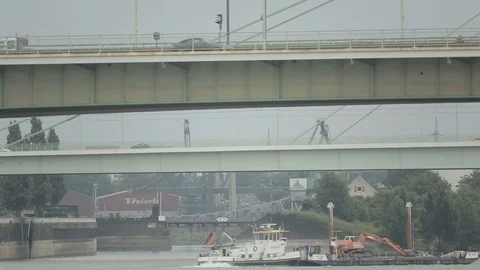 Longboat, barge on the river. Transportation. Navigation in the city Stockbeeldmateriaal 86985848
