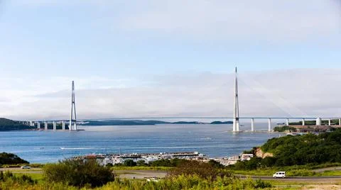 Longest cable-stayed bridge in the world in the Russian Vladivostok. Longe... Stock Photos