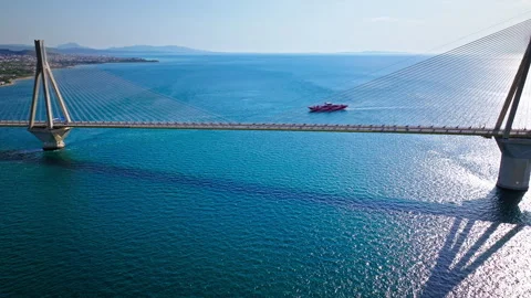 The longest of the fully suspended type crosses the Gulf of Corinth, Patras. Stock Footage 260183049