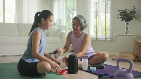Longevity anti-aging medication for asia woman. Menopause awareness diagnosis Video stock 306889454