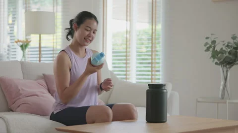 Longevity anti-aging medication for asia woman. Gain muscle take protein dr.. 스톡 동영상 331487366
