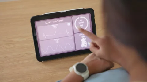 Longevity future of anti-aging Smart device showing sleep rate for urban be.. Stock Footage 335191306