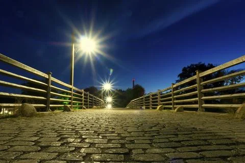 Longexposing night creative staring lights bridge Jena 写真素材