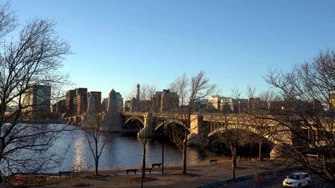 Longfellow Bridge Dusk Outbound Train Video stock 100522737