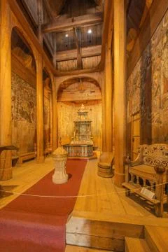 Longitudinal view inside the Heddal Stave church Stock Photos