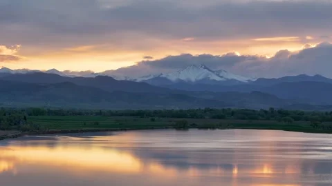 Longs Peak Sunset 01 | McIntosh Lake | Longmont | Colorado | 4K Drone Footage Video stock 289776037