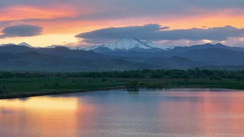 Longs Peak Sunset 07 | McIntosh Lake | Longmont | Colorado | 4K Drone Footage Stock Footage 289775877