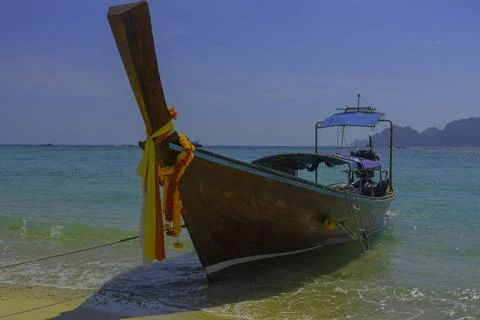 Longtail boat seascape in Phi Phi Island Krabi Thailand with Turquoise water Stock Photos