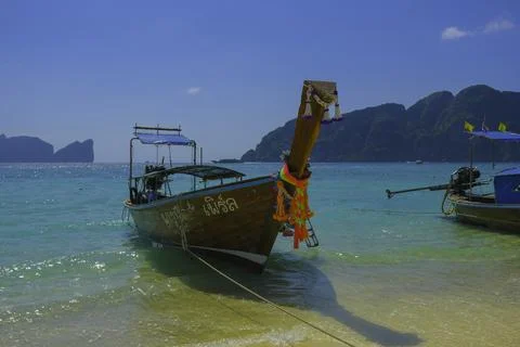 Longtail boat seascape in Phi Phi Island Krabi Thailand with Turquoise water Stock Photos