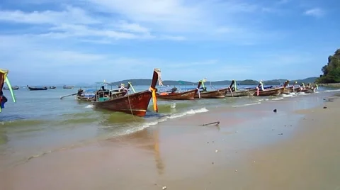 Longtail ships on a beach Video stock 48593714