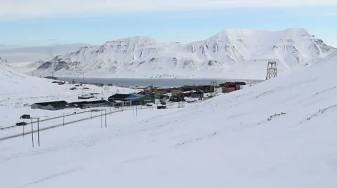 Longyearbyen, Svalbard. The small town is surrounded by mountains. Video stock 61707466