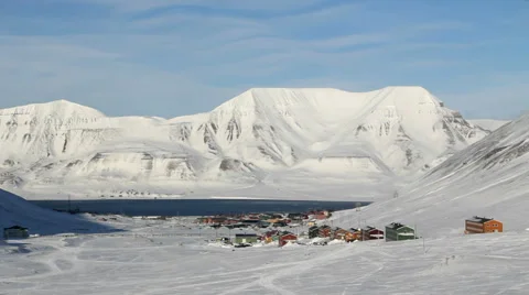Longyearbyen, Svalbard. The small town is surrounded by mountains. Stock Footage 61707533