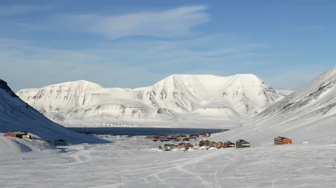 Longyearbyen, Svalbard. The small town is surrounded by mountains. Stock Footage 61707645