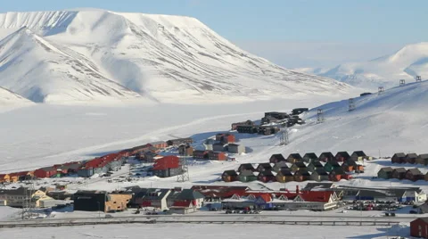 Longyearbyen, Svalbard. The small town is surrounded by mountains. Stock Footage 61708048